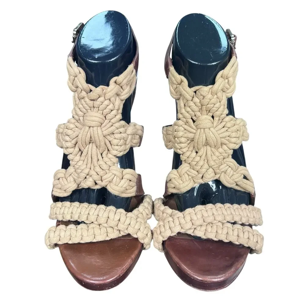 Tory Burch Carina Macrame T-Strap Brown Leather Sandals Size 9.5